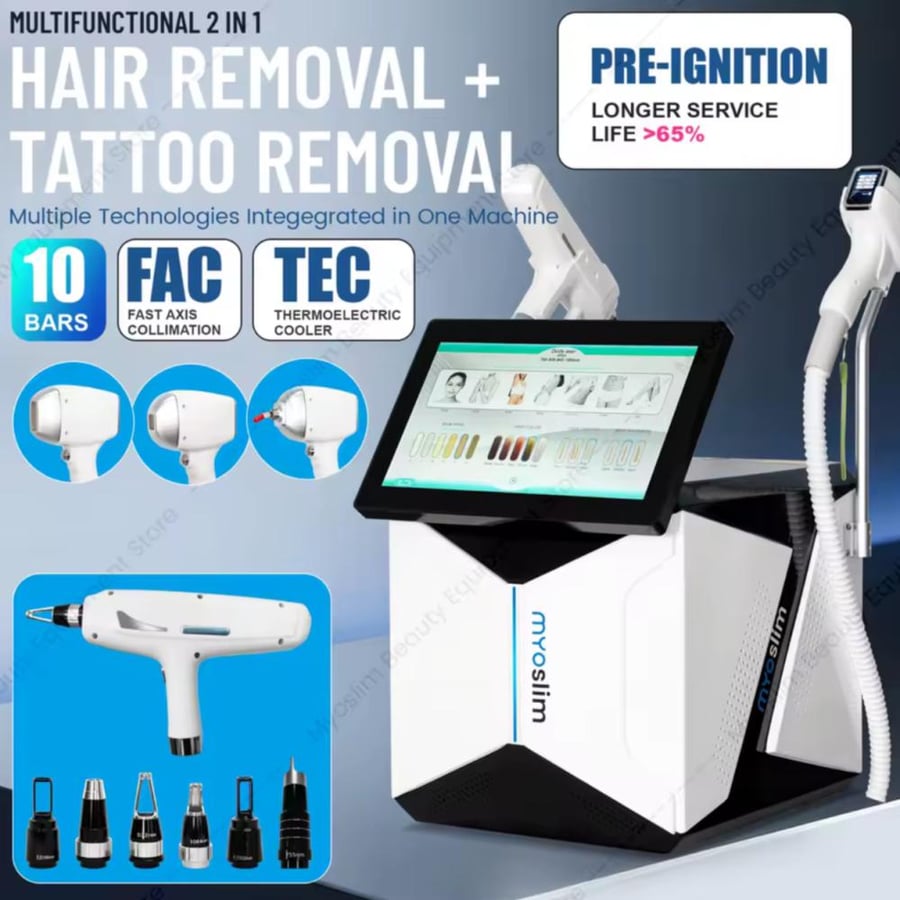 جهاز إزالة الشعر بالليزر ثنائي الوظيفة 808 نانومتر، جهاز ليزر بيكوثانية Q-Switch ND YAG، تقنية FAC للتصحيح السريع للمحاور،