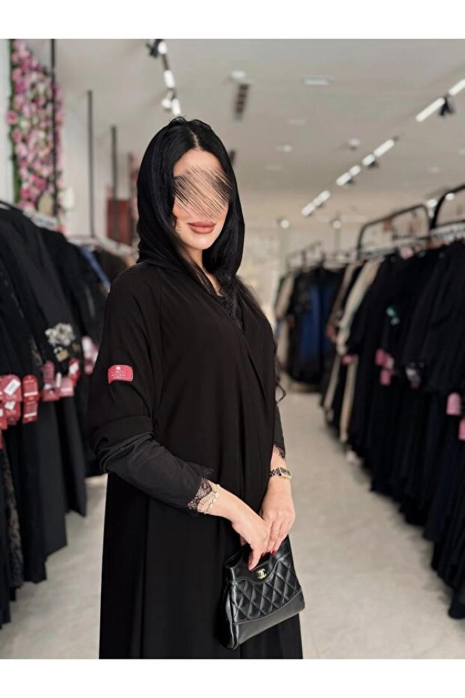 dar laha abaya عباية D5000 - دبل كلوش بقماش كريب ملكي اكمام استرتش بدانتل - اسود