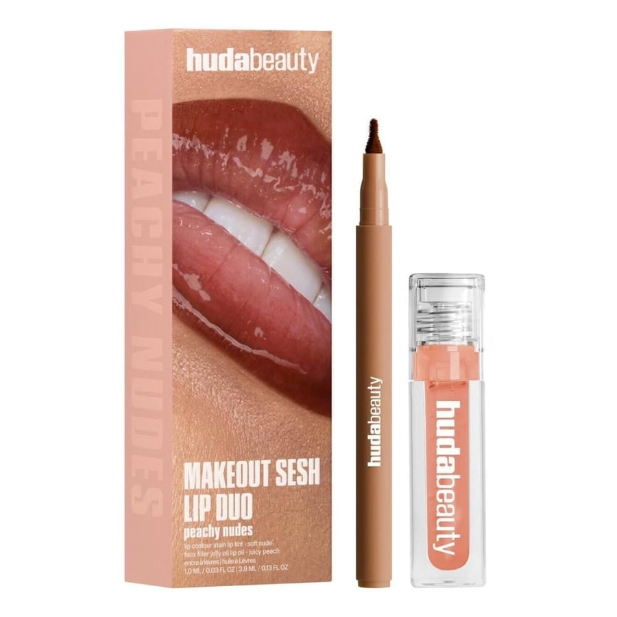 Huda Beauty Makeout Sesh Lip Kit Peachy Nudes Stain Oil MEASAT Ex IDN IN