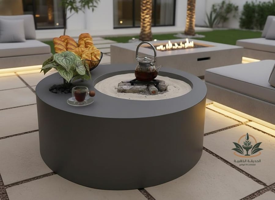 Fiber fire pit and a table for sitting