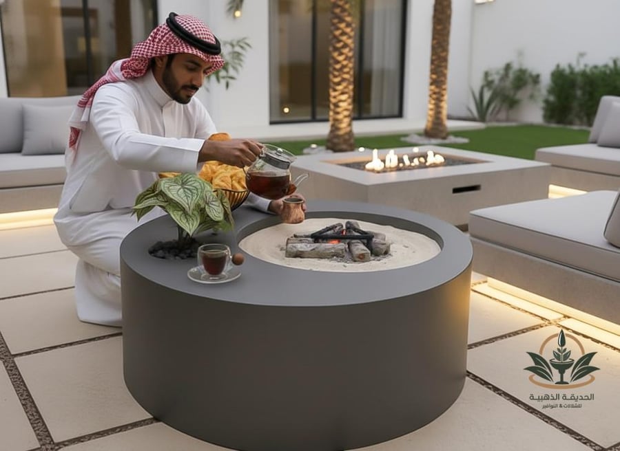 Fiber fire pit and a table for sitting