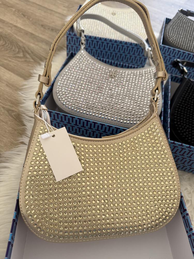 Tory Burch bag decorated with crystals for occasions gold color