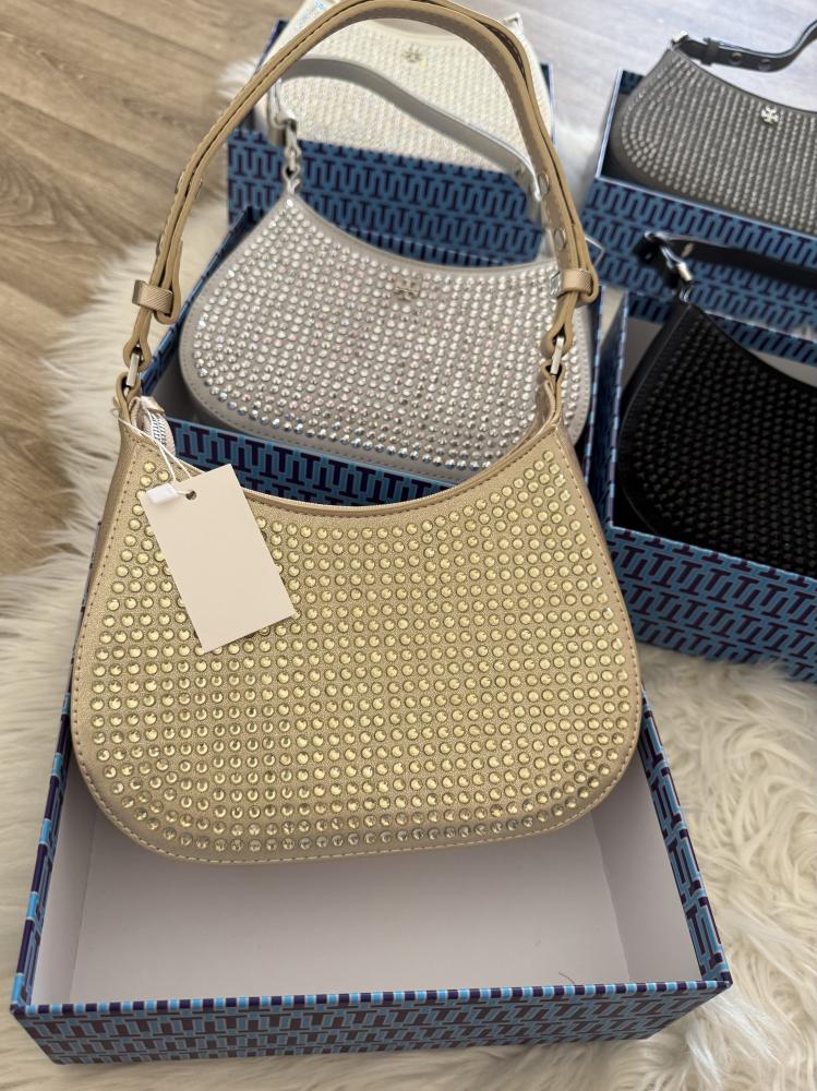 Tory Burch bag decorated with crystals for occasions gold color