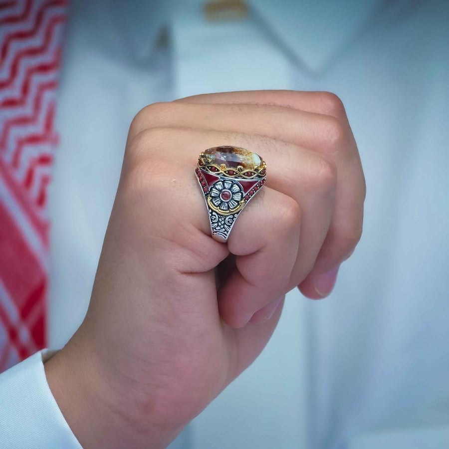 خاتم فضة عقيق يماني طحلبي نادر