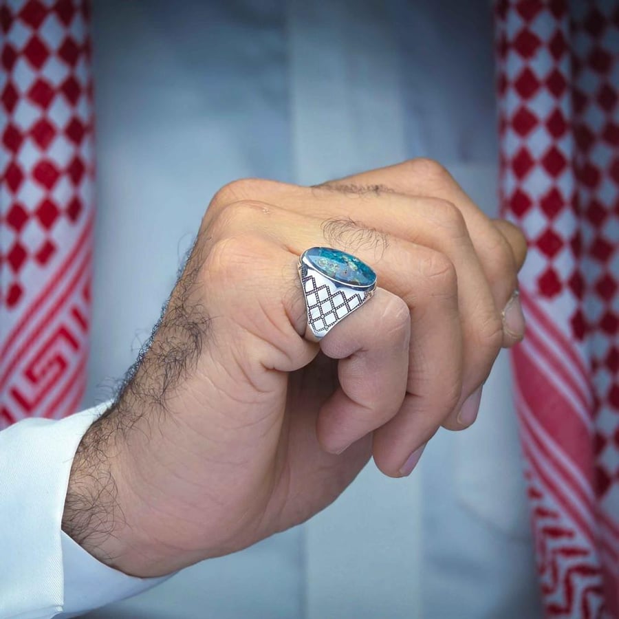 خاتم فضة عقيق يماني طحلبي بحري