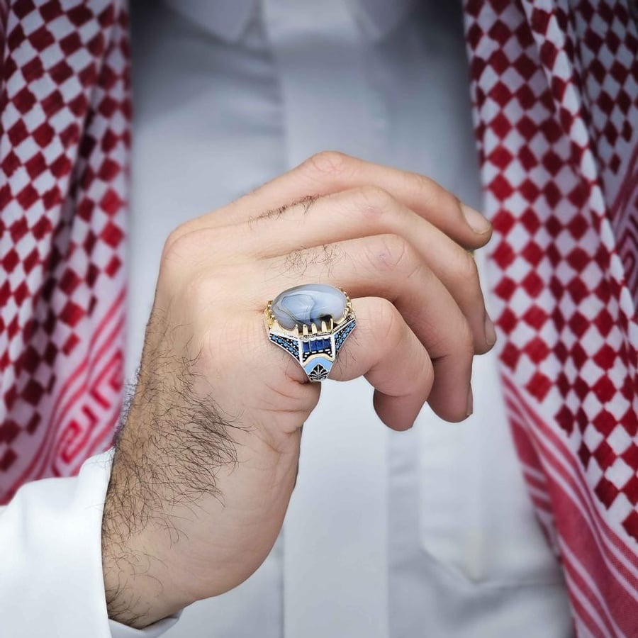 خاتم فضة عقيق يماني مزهر مصور