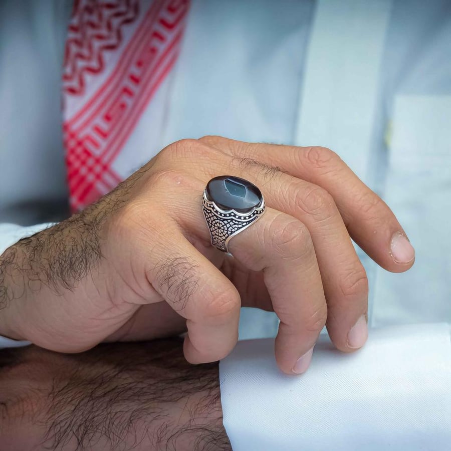 خاتم فضة عقيق يماني مزهر نادر