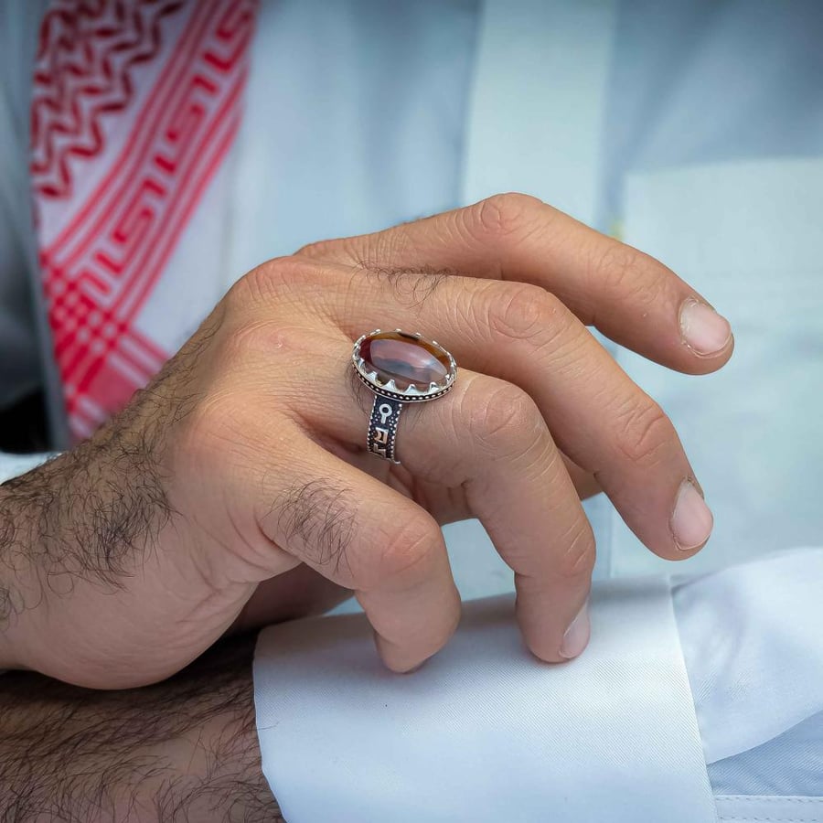 خاتم فضة عقيق يماني مزهر