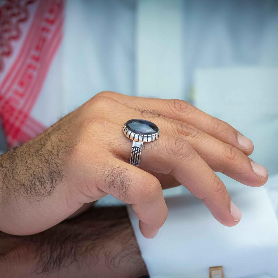 Royal Agate Yemeni floral engraved ring