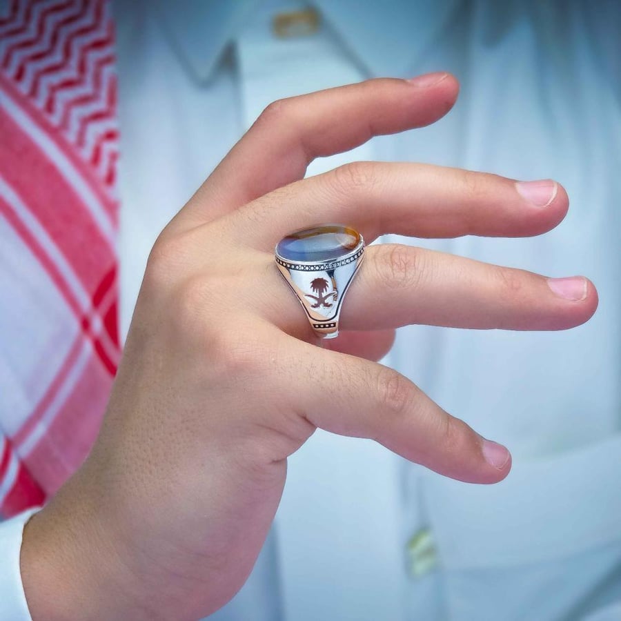 خاتم فضة عقيق يماني مزهر