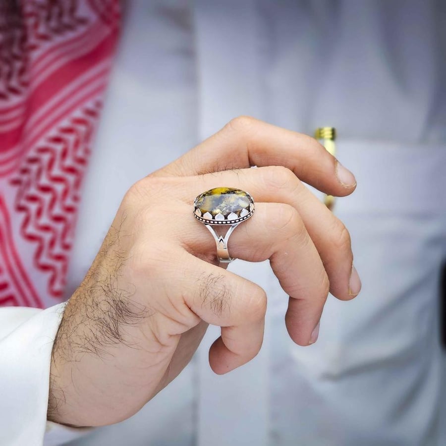 خاتم فضة عقيق يماني طحلبي نادر