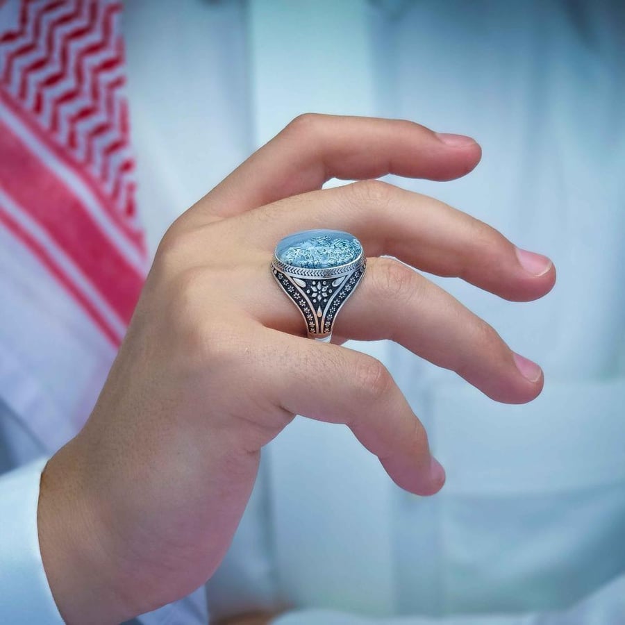 خاتم فضة عقيق يماني طحلبي بحري