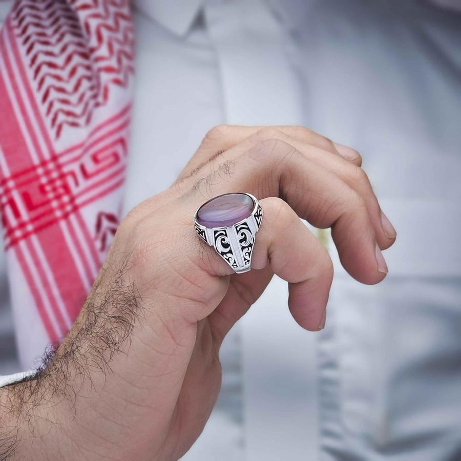 خاتم فضة عقيق يماني مزهر
