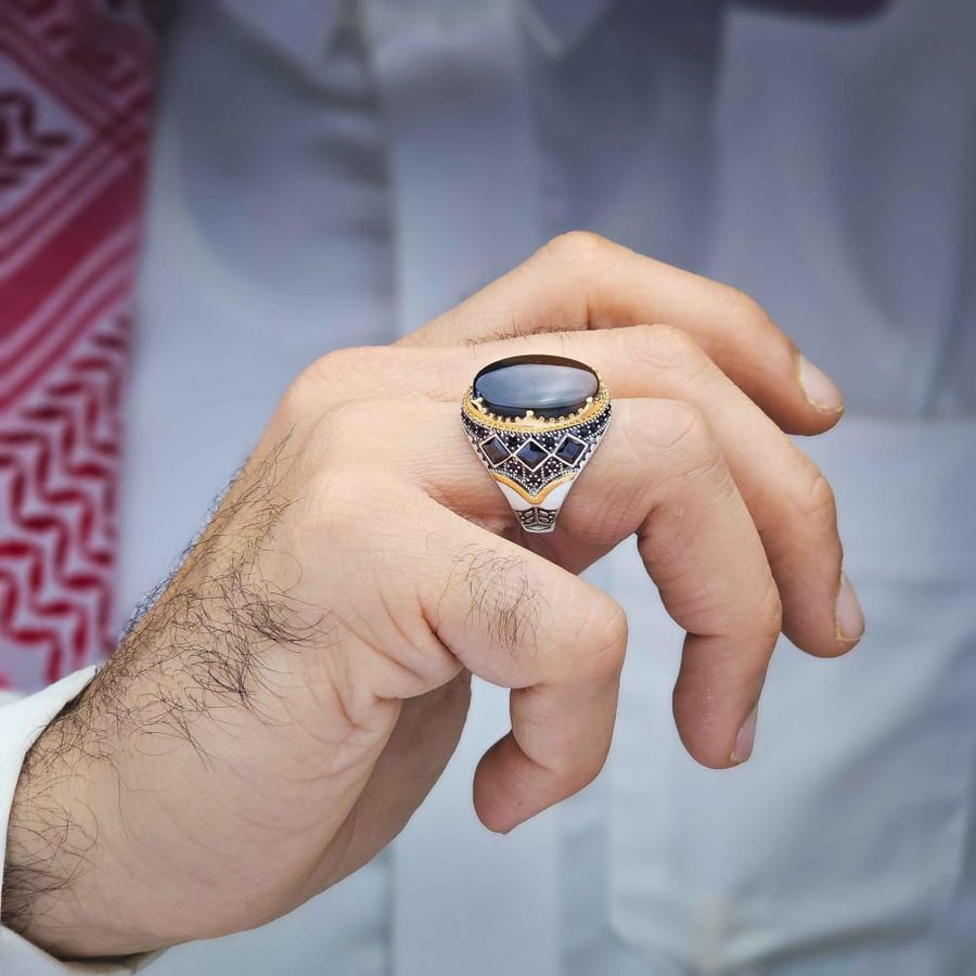 خاتم فضة عقيق يماني مزهر