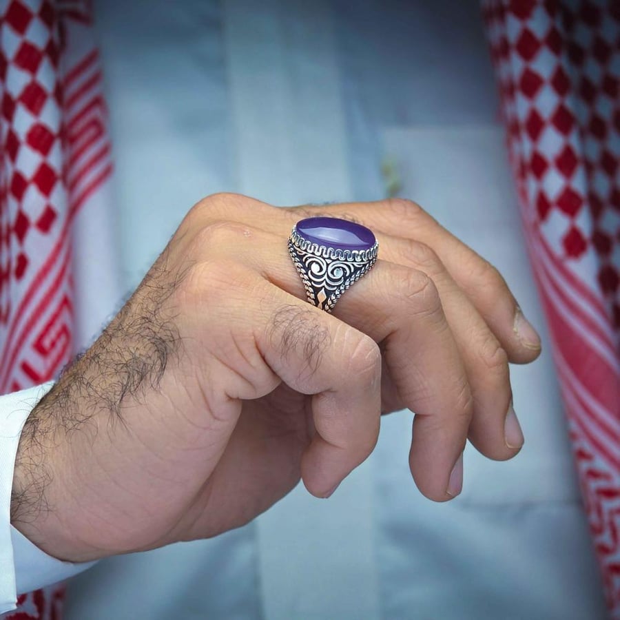 خاتم فضة عقيق يماني بنفسجي فاتح