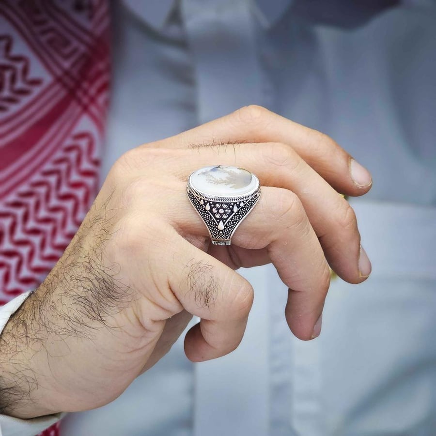 خاتم فضة عيار 950 عقيق يماني شجراني
