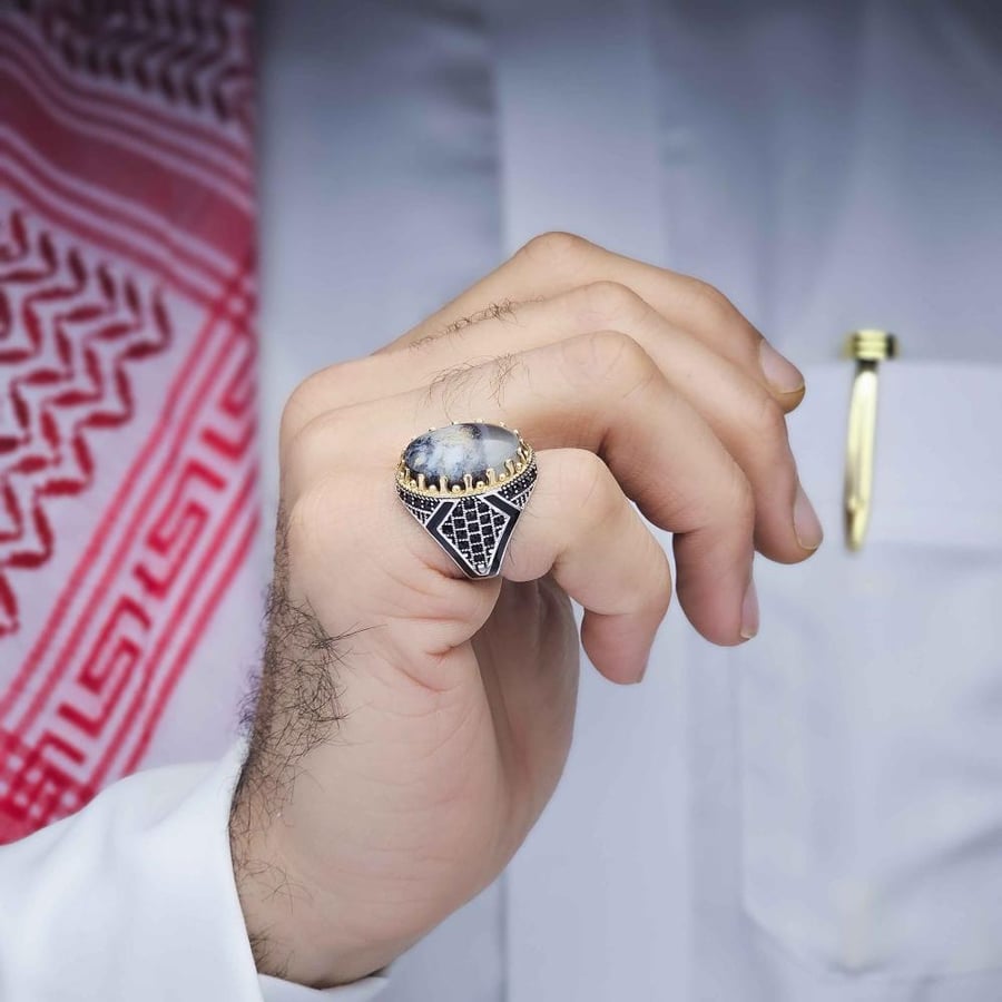 خاتم فضة عقيق يماني طحلبي نادر