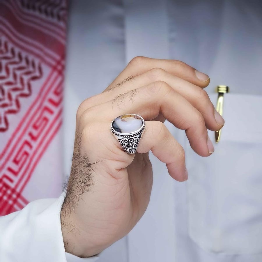 خاتم فضة عقيق يماني مزهر