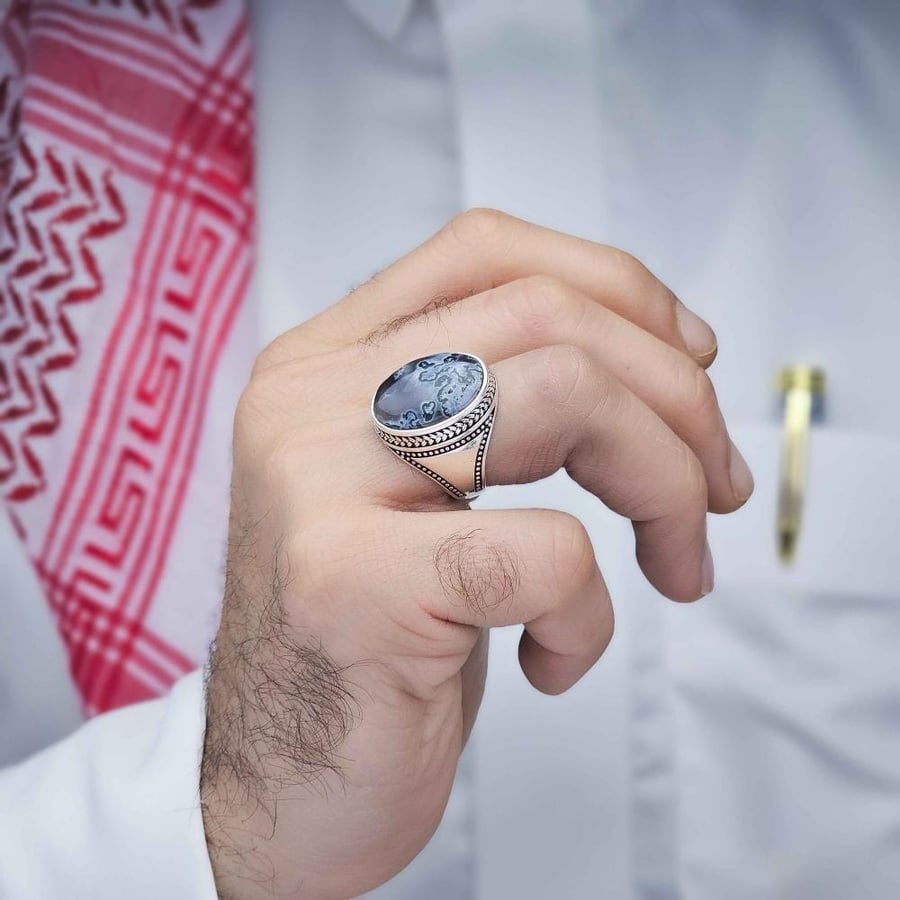 خاتم فضة عقيق يماني طحلبي بحري