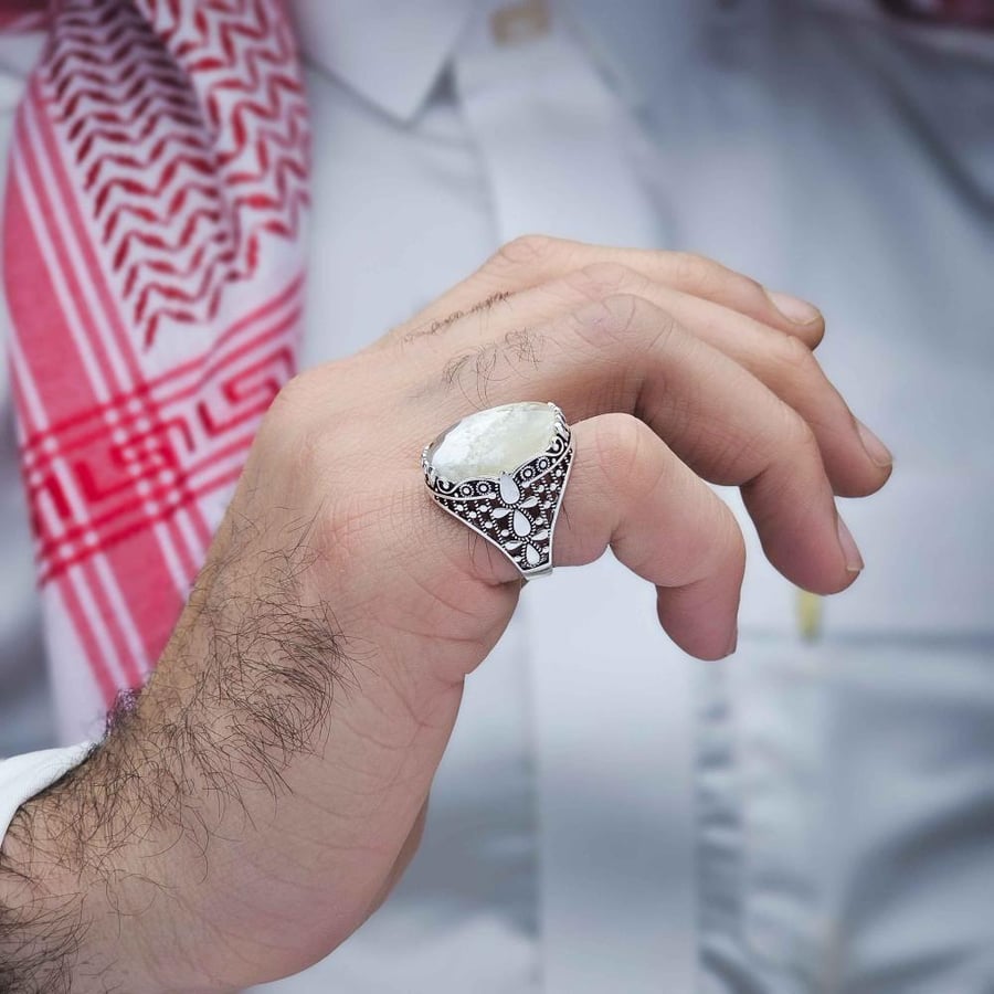 خاتم فضة عقيق يماني طحلبي ابيض