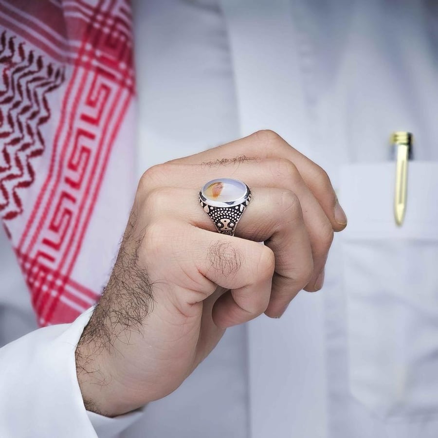 خاتم فضة عقيق يماني مزهر