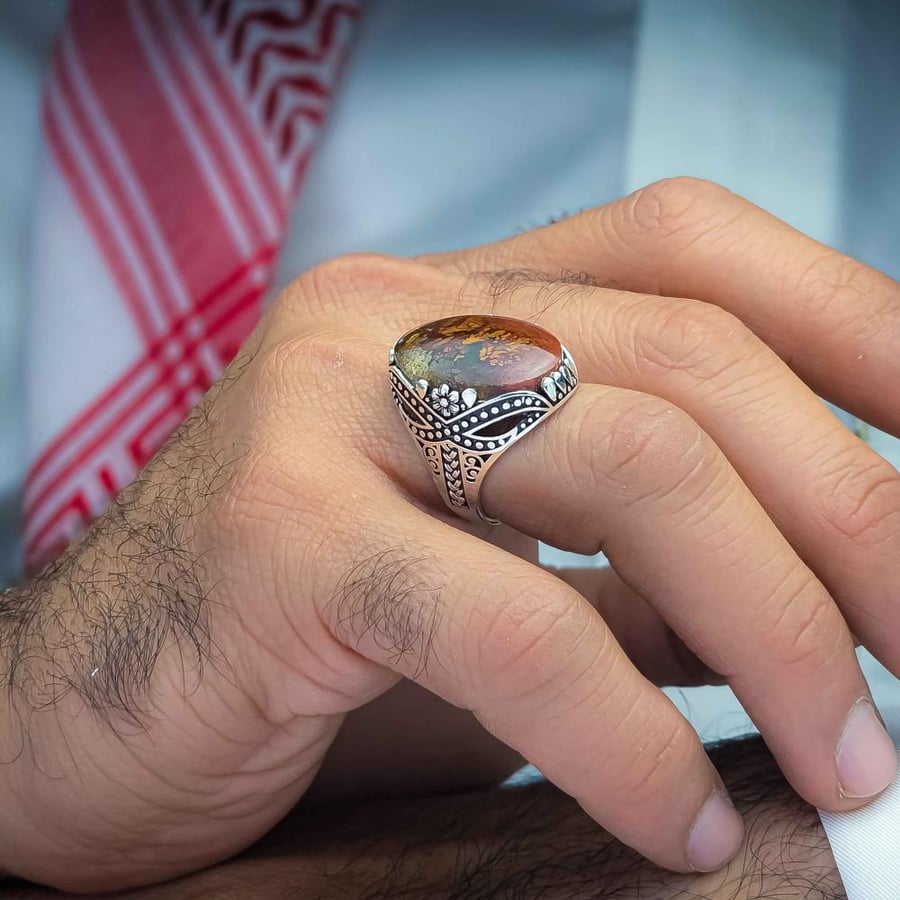 خاتم فضة عقيق يماني ورد الربيع