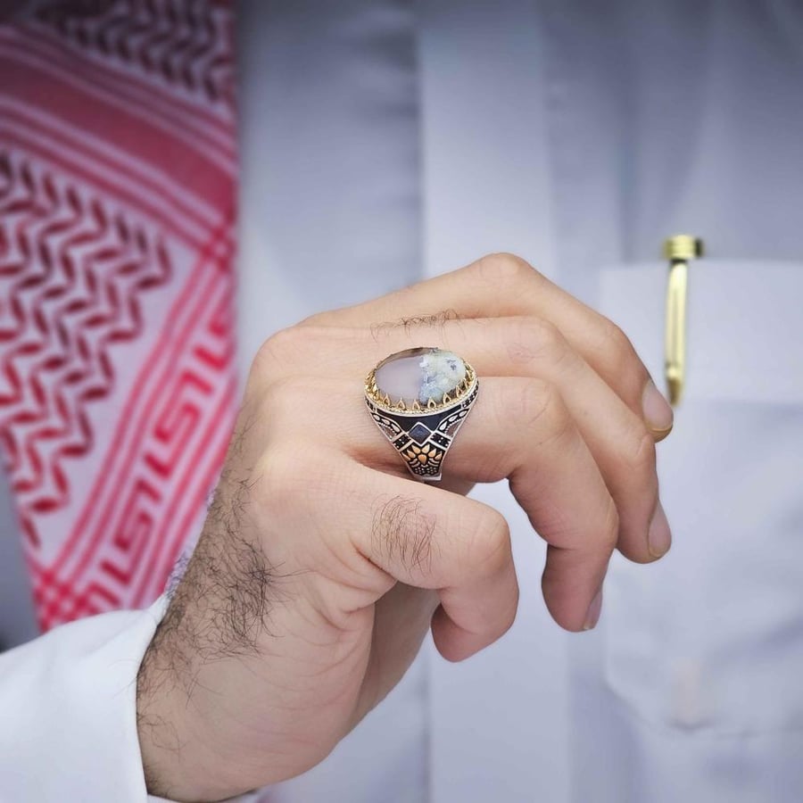 خاتم فضة عقيق يماني طحلبي
