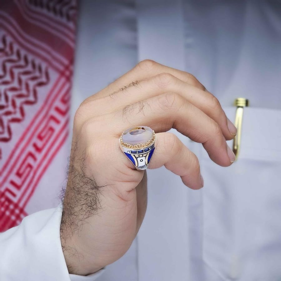 خاتم فضة عقيق يماني مزهر