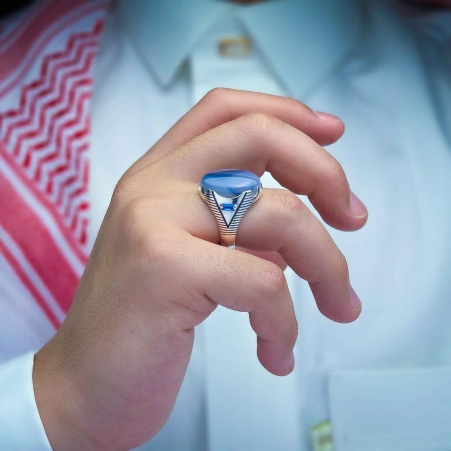 خاتم فضة عقيق يماني مزهر