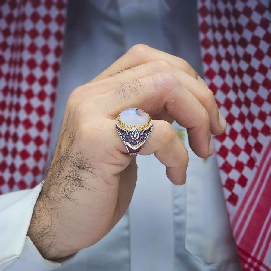 خاتم فضة عقيق يماني مزهر