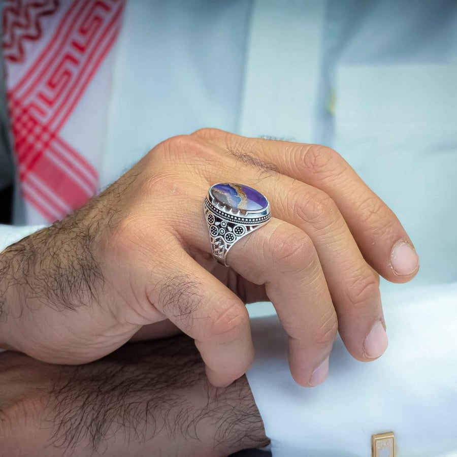 خاتم فضة عقيق يماني خرايطي بنفسجي
