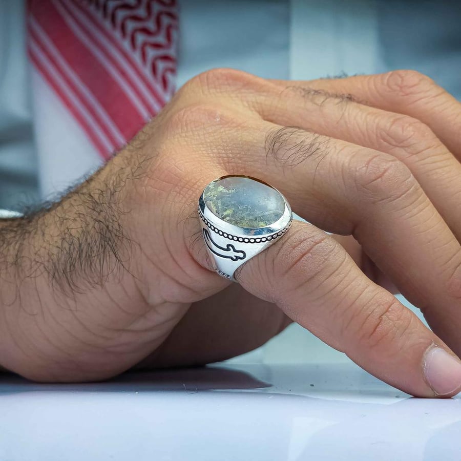 خاتم فضة عقيق يماني طحلبي