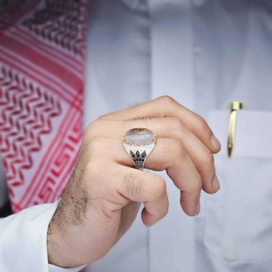 خاتم فضة عقيق يماني مزهر نادر