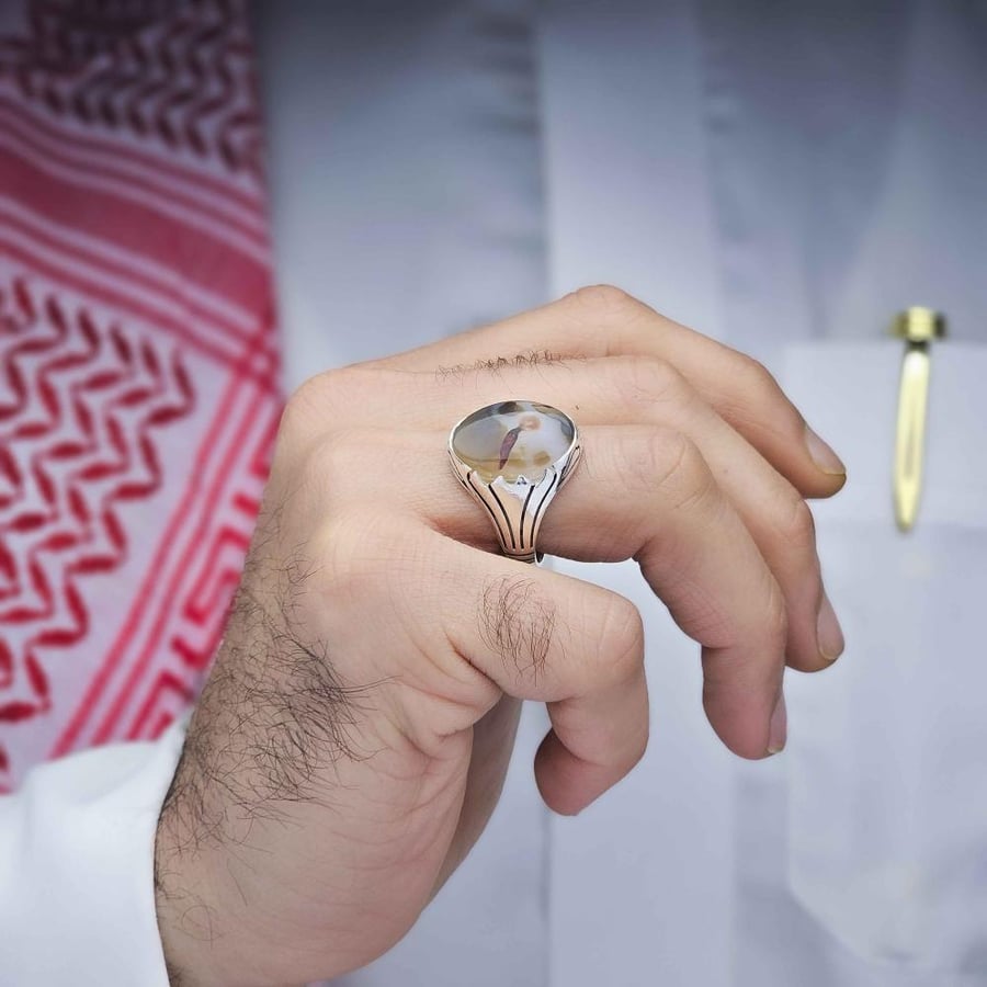 خاتم فضة عقيق يماني مزهر