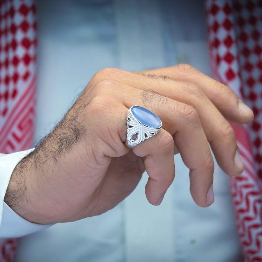 خاتم فضة عقيق يماني سماوي