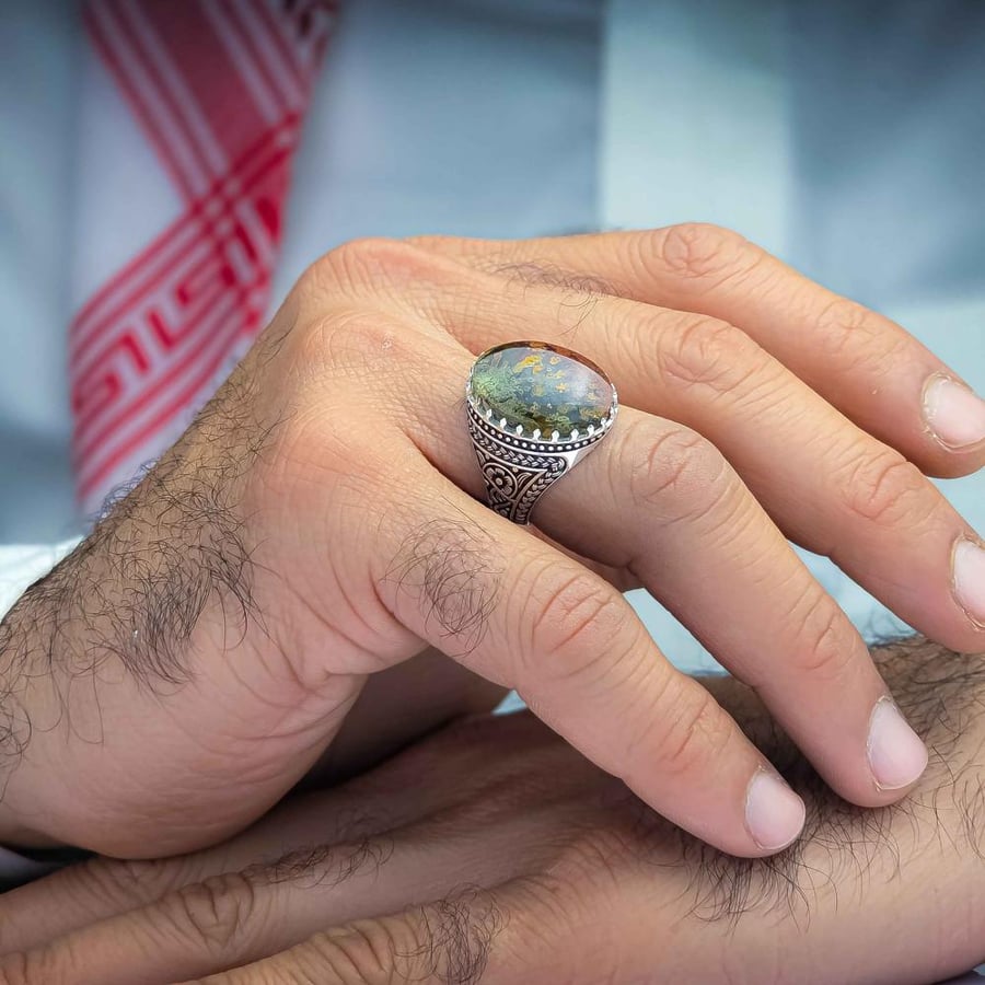خاتم فضة عقيق يماني طحلبي