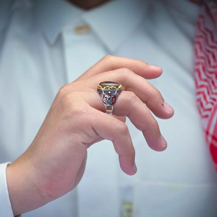 خاتم شبابي فضة 925 عقيق يماني كبدي