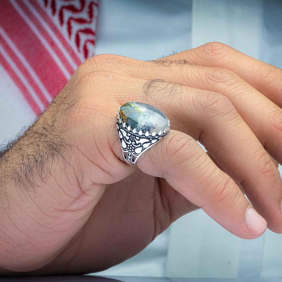 خاتم فضة عقيق يماني طحلبي