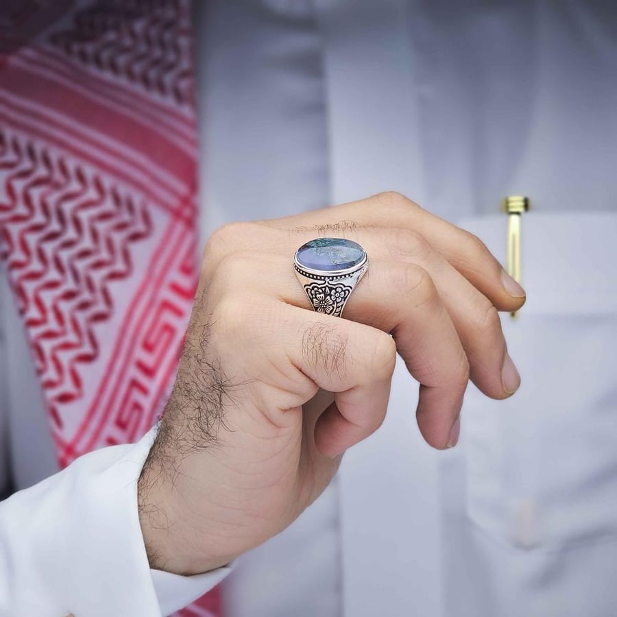 خاتم فضة عقيق يماني طحلبي بحري