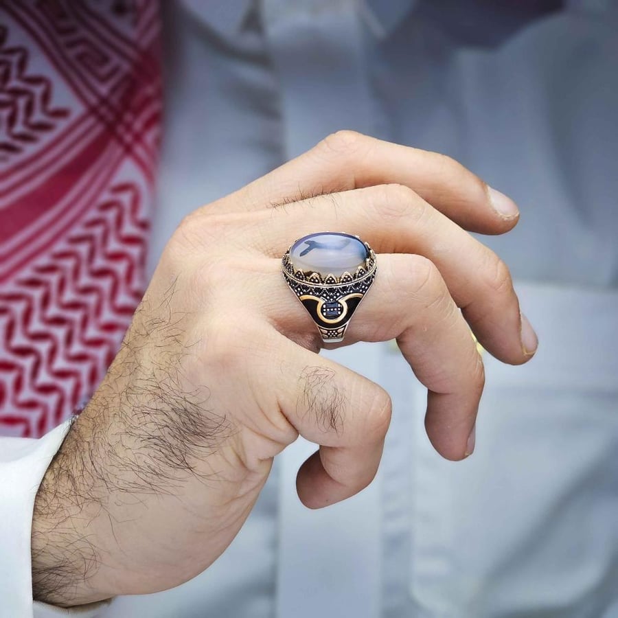 خاتم فضة عقيق يماني مزهر