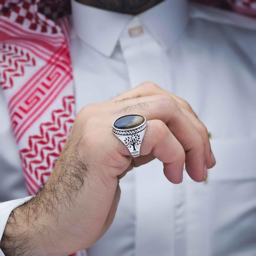 خاتم فضة عقيق يماني مزهر نادر