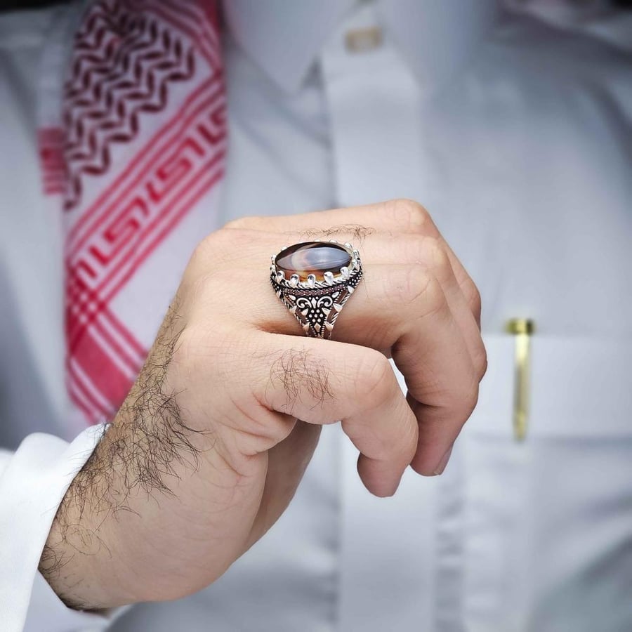 خاتم فضة عقيق يماني مزهر