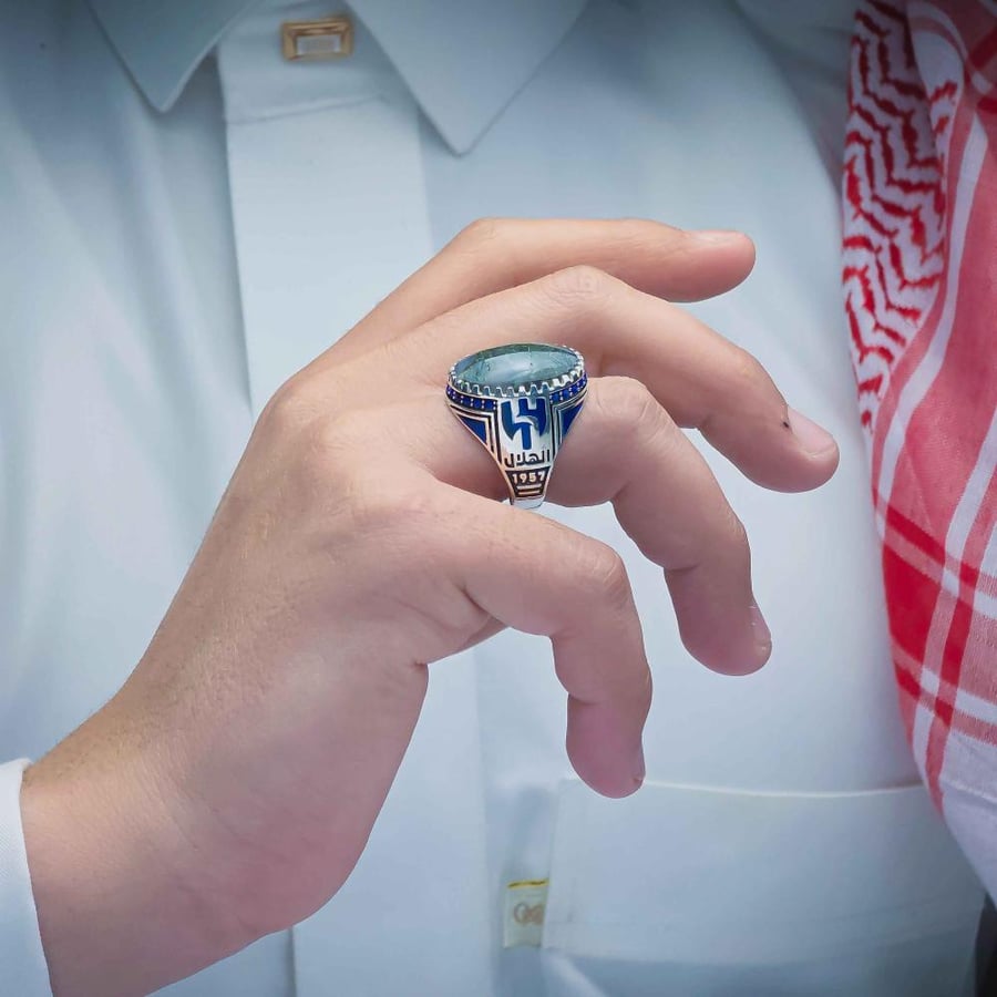 خاتم الهلال فضة 925 عقيق يماني طحلبي
