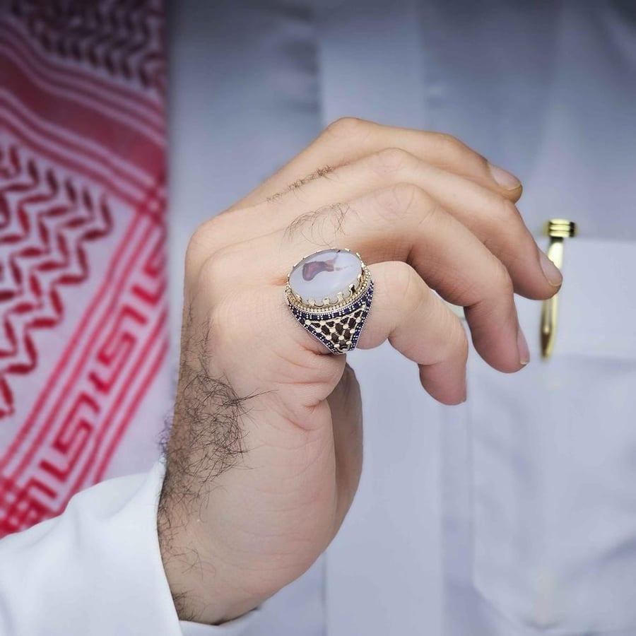 خاتم فضة عقيق يماني مزهر