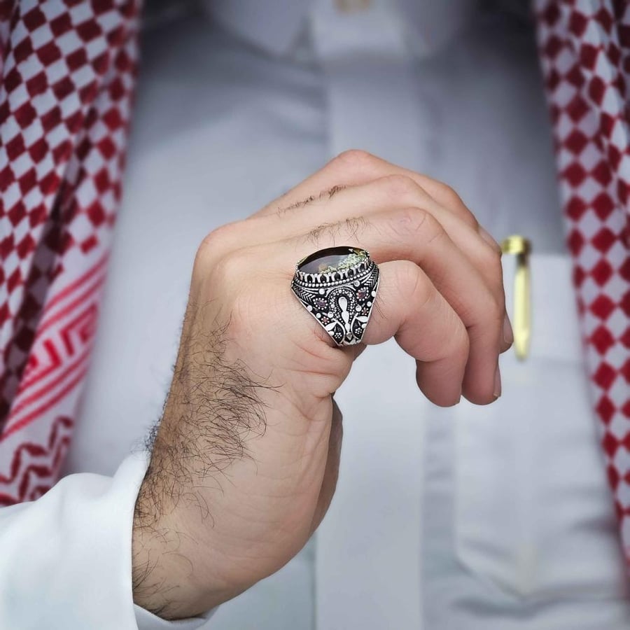 خاتم فضة عقيق يماني خرايطي كبدي