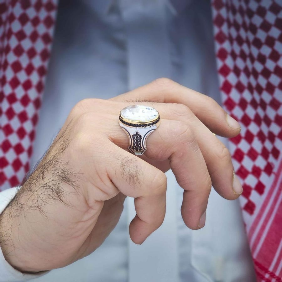 خاتم فضة عقيق يماني طحلبي ابيض