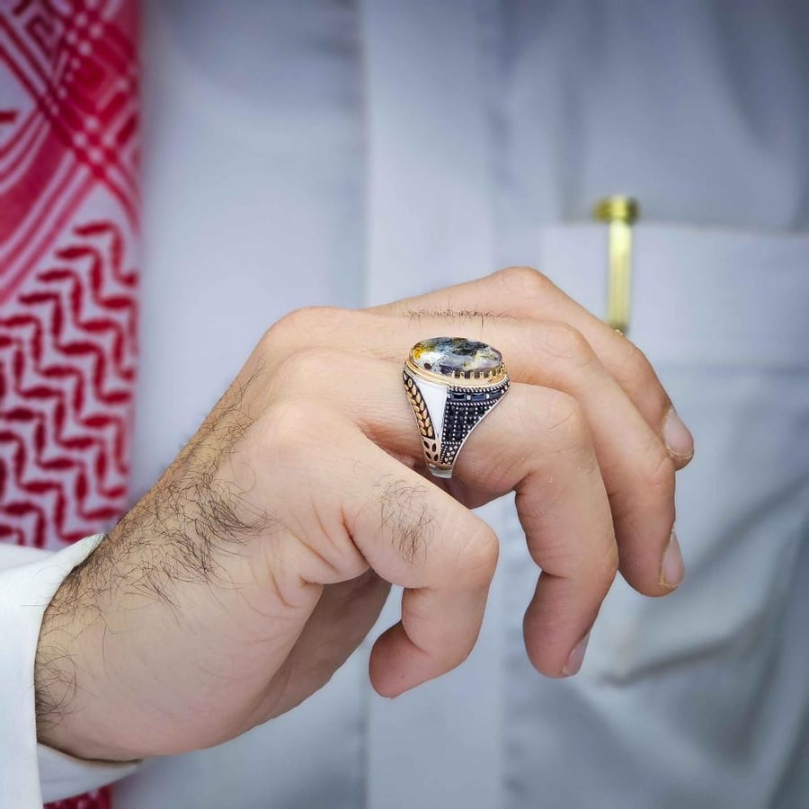 خاتم فضة عقيق يماني طحلبي نادر