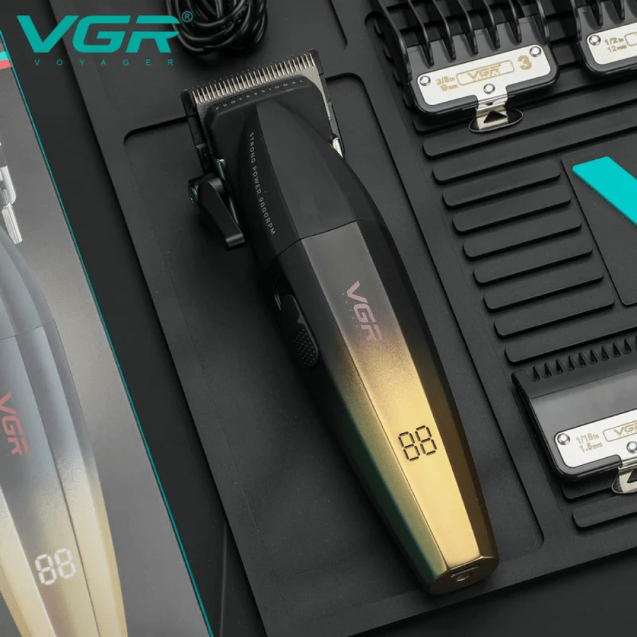 ماكينة قص الشعر الاحترافية للرجال VGR V-003 – تصميم أسود وذهبي فاخر