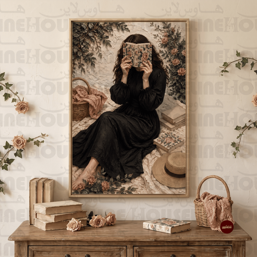 لوحة جدارية لفتاة بفستان أسود تقرأ كتابا بين الزهور طباعة كانفس