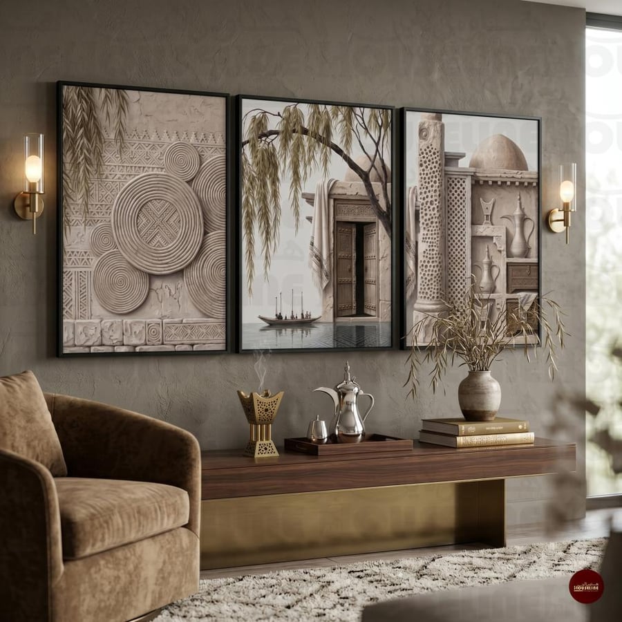 طقم 3 لوحات جدارية عمارة صحراوية تراثية أنيقة طباعة كانفس